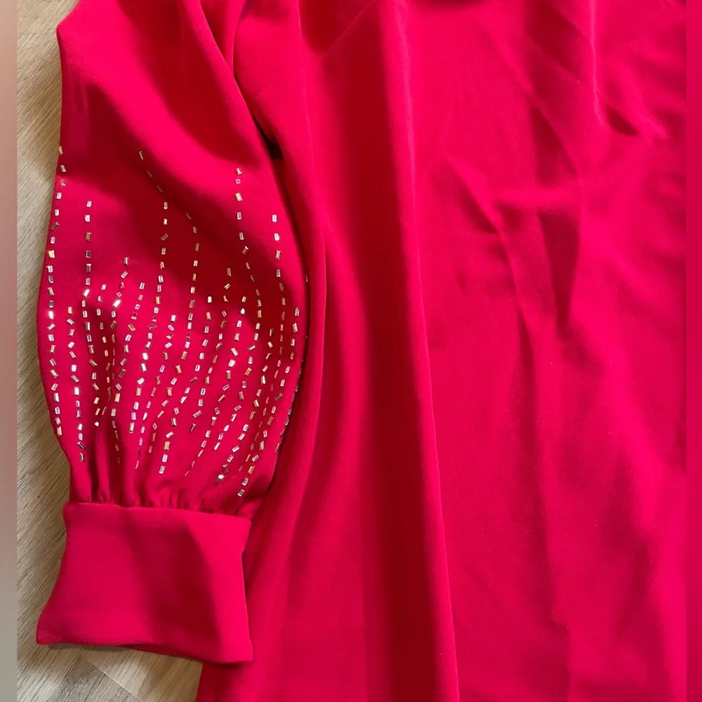 Calvin Klein Red Long-Sleeve Embellished Shift Dress - Picture 6 of 14